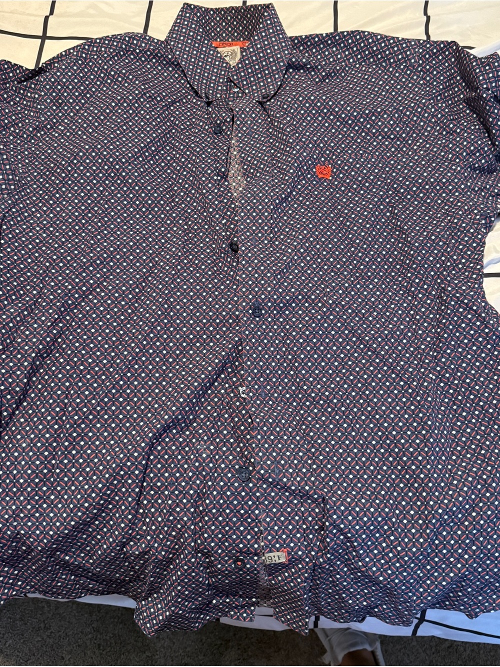 Cinch Men’s Navy Geometric Button Down Shirt with Red Logo